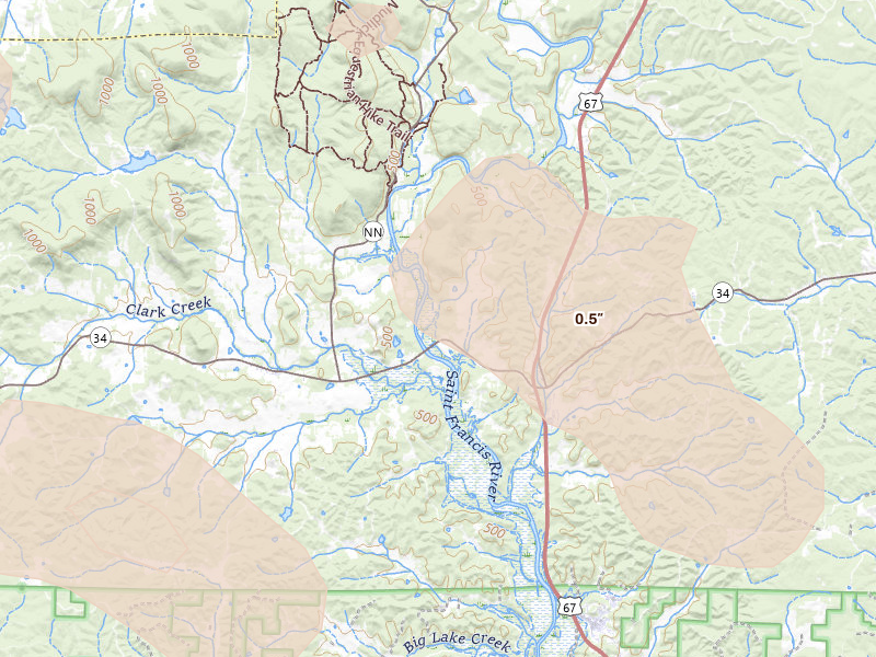 Radar-estimated hail-size map of the storm over Patterson, MO on May 31, 2026