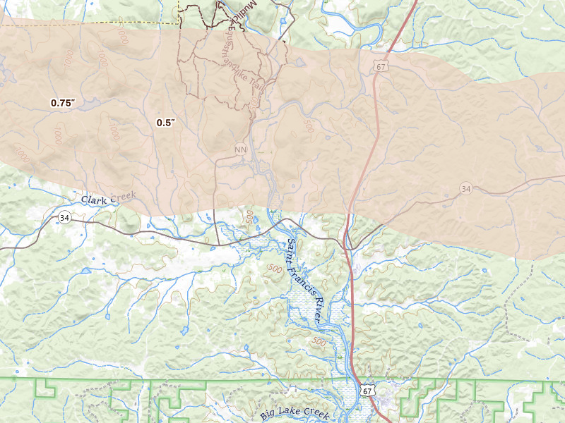 Radar-estimated hail-size map of the storm over Patterson, MO on Jul 9, 2026