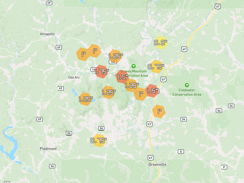 Hail map of Patterson, MO on Jul 10, 2026, hail up to 1.75"