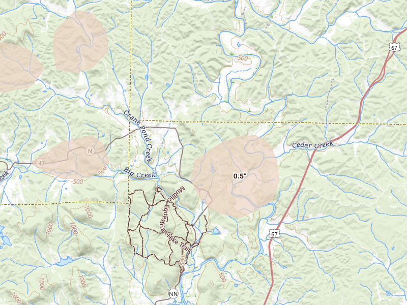Radar-estimated hail-size map of the storm over Patterson, MO on Aug 18, 2026