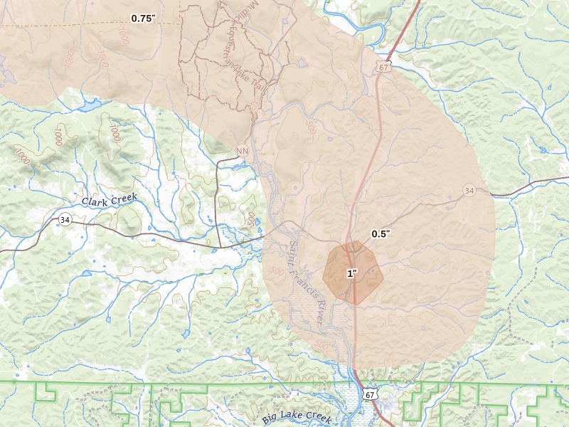 Radar-estimated hail-size map of the storm over Patterson, MO on Aug 25, 2026