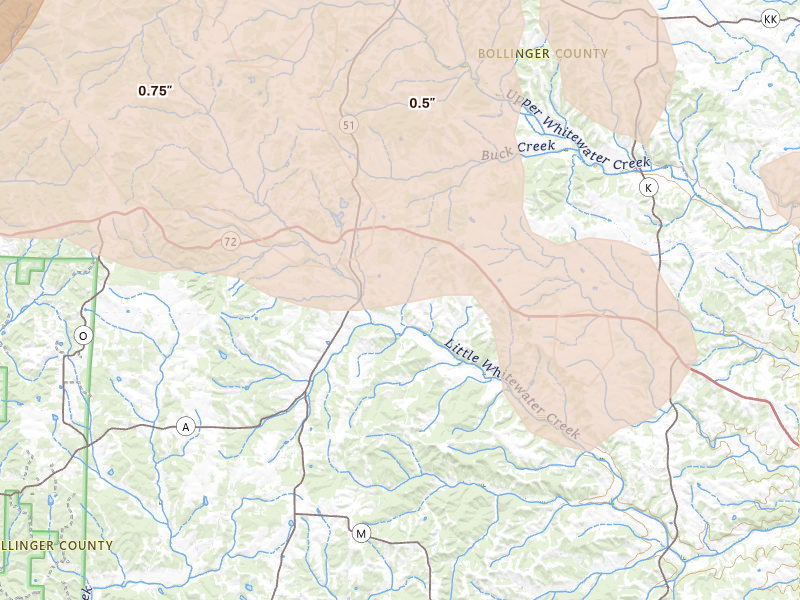 Radar-estimated hail-size map of the storm over Patton, MO on Aug 12, 2026