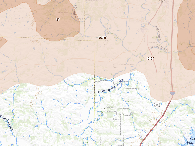 Radar-estimated hail-size map of the storm over Pattonsburg, MO on May 16, 2026