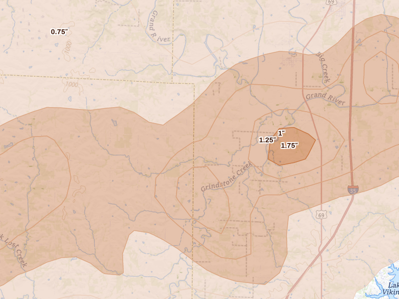 Radar-estimated hail-size map of the storm over Pattonsburg, MO on Jun 10, 2026
