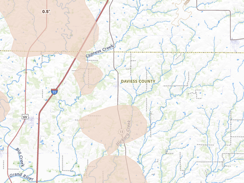 Radar-estimated hail-size map of the storm over Pattonsburg, MO on Jul 20, 2026