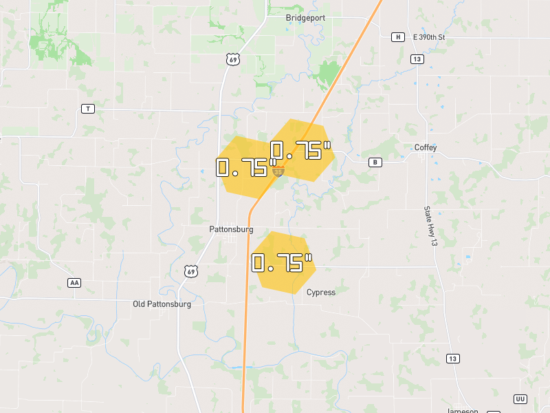 Hail map of Pattonsburg, MO on Jul 21, 2026, hail up to 0.75"