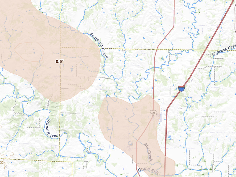 Radar-estimated hail-size map of the storm over Pattonsburg, MO on Aug 8, 2026