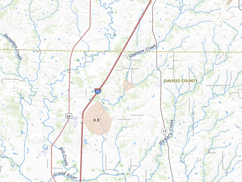 Radar-estimated hail-size map of the storm over Pattonsburg, MO on Aug 14, 2026