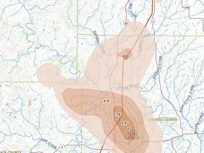 Radar-estimated hail-size map of the storm over Pattonsburg, MO