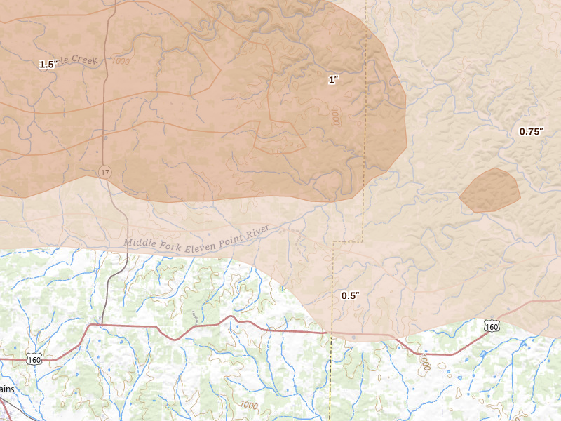 Radar-estimated hail-size map of the storm over Peace Valley, MO on Apr 27, 2026