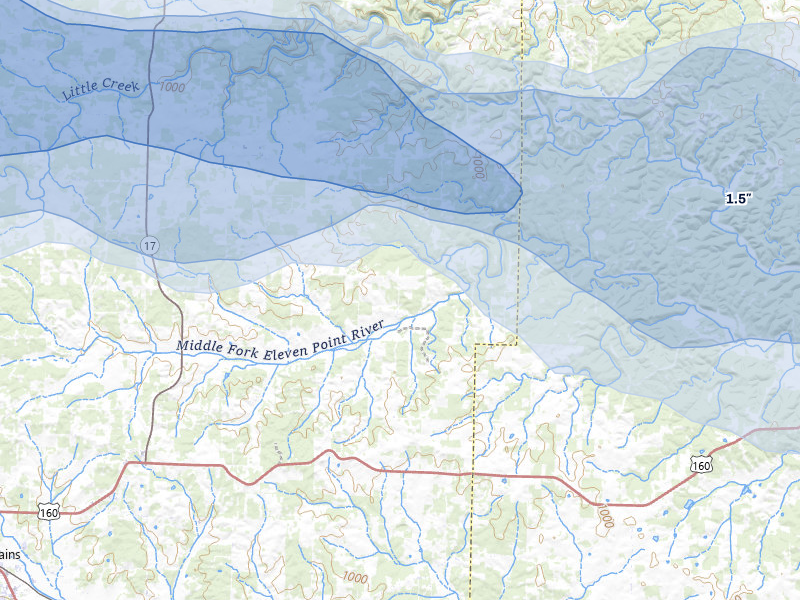 NEXRAD radar-signature map of the hail over Peace Valley, MO
