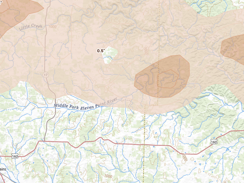 Radar-estimated hail-size map of the storm over Peace Valley, MO on Apr 28, 2026