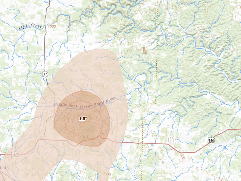 Radar-estimated hail-size map of the storm over Peace Valley, MO on Jun 7, 2026