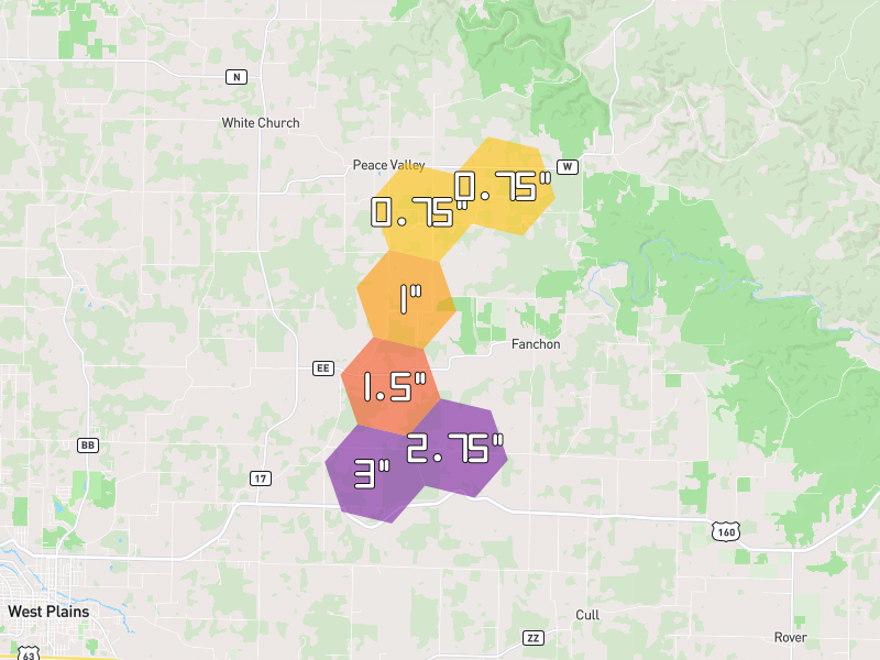 Hail map of Peace Valley, MO on Jun 7, 2026, hail up to 3"