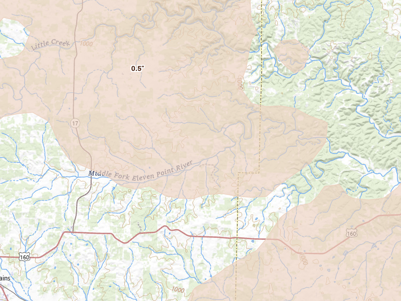 Radar-estimated hail-size map of the storm over Peace Valley, MO