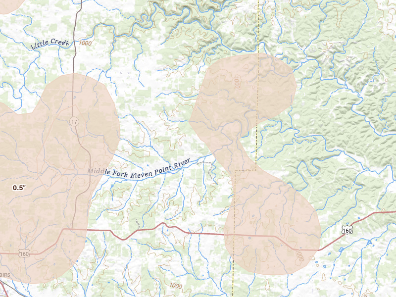 Radar-estimated hail-size map of the storm over Peace Valley, MO on Aug 26, 2026