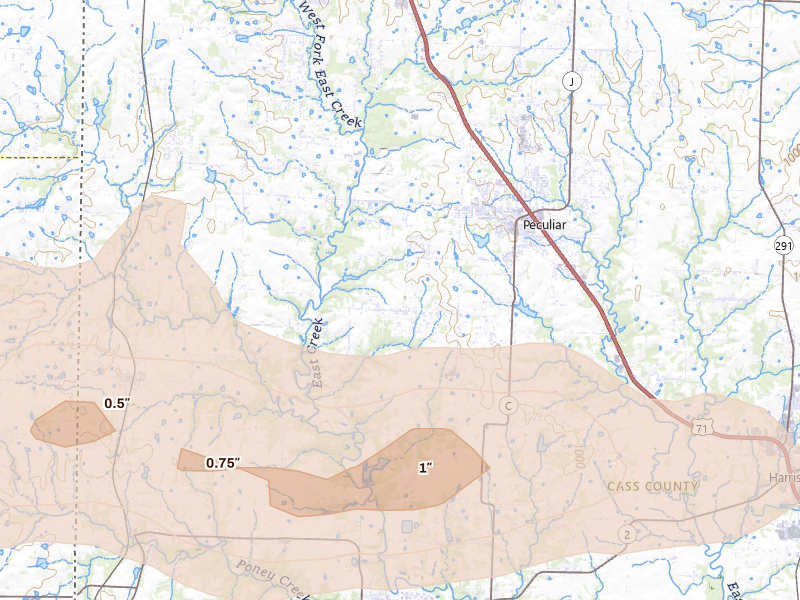 Radar-estimated hail-size map of the storm over Peculiar, MO