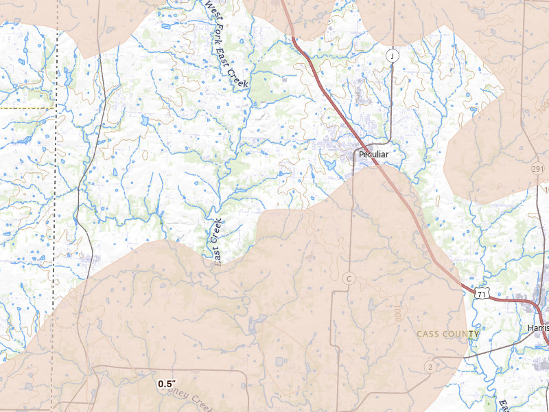 Radar-estimated hail-size map of the storm over Peculiar, MO on Apr 26, 2026