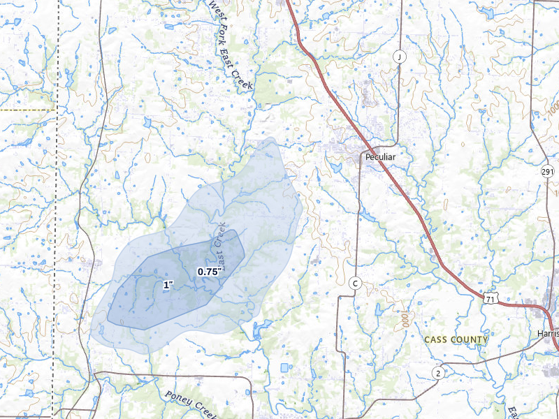 NEXRAD radar-signature map of the hail storm over Peculiar, MO on Jul 8, 2026