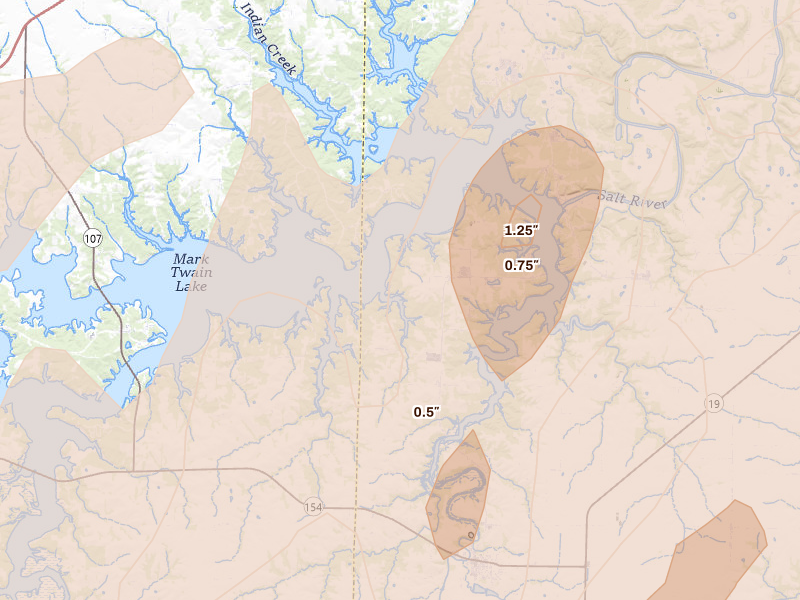 Radar-estimated hail-size map of the storm over Perry, MO on Apr 27, 2026