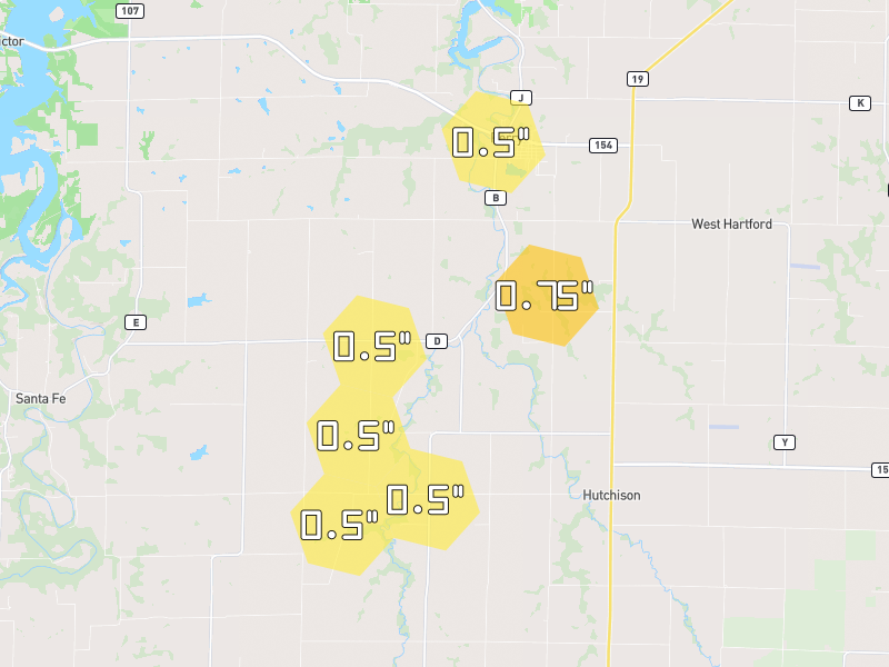 Hail map of Perry, MO on Jun 1, 2026, hail up to 0.75"