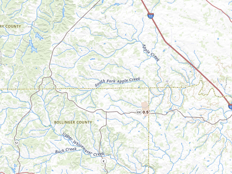 Radar-estimated hail-size map of the storm over Perryville, MO on Mar 4, 2026