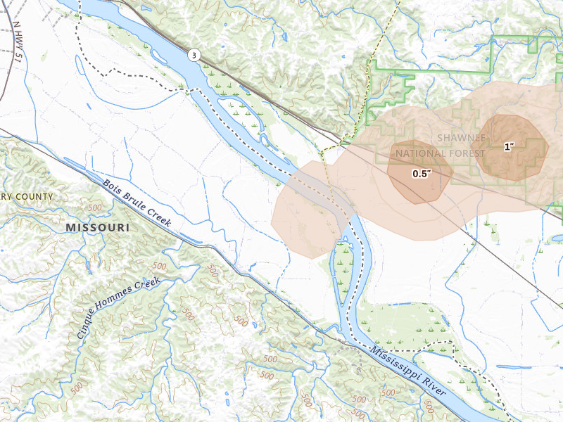 Radar-estimated hail-size map of the storm over Perryville, MO on Apr 26, 2026