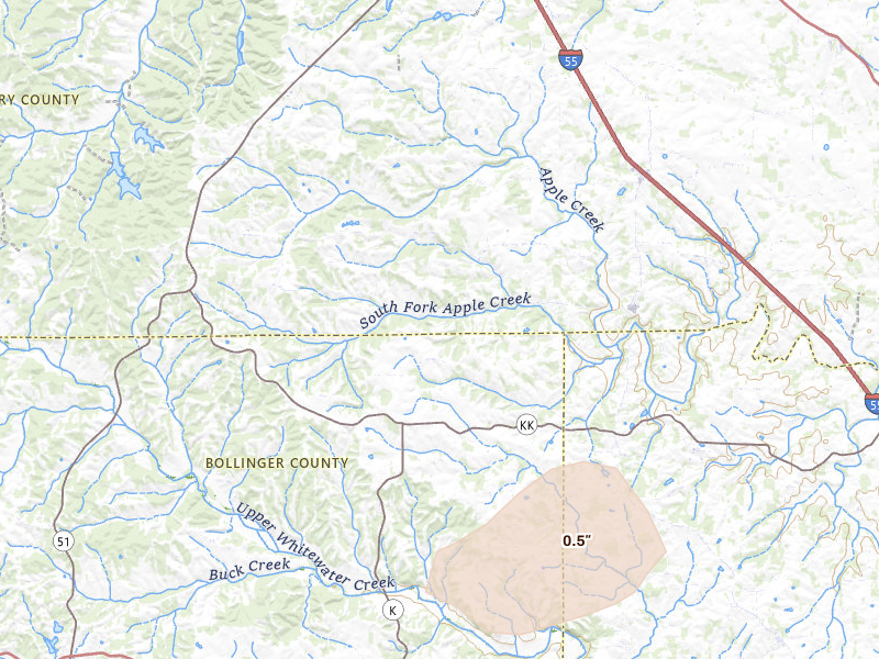 Radar-estimated hail-size map of the storm over Perryville, MO on Jul 9, 2026
