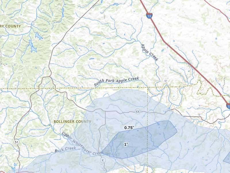 NEXRAD radar-signature map of the hail storm over Perryville, MO on Jul 9, 2026