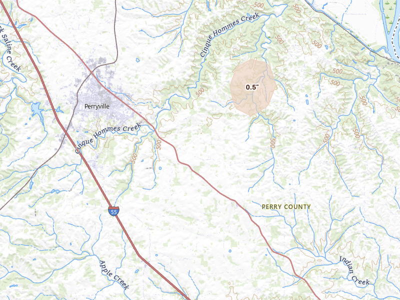 Radar-estimated hail-size map of the storm over Perryville, MO on Aug 7, 2026