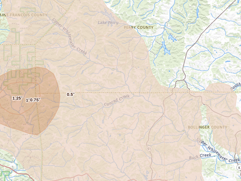 Radar-estimated hail-size map of the storm over Perryville, MO on Aug 12, 2026