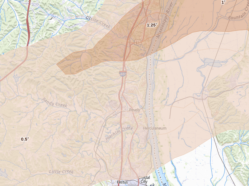 Radar-estimated hail-size map of the storm over Pevely, MO on Apr 27, 2026
