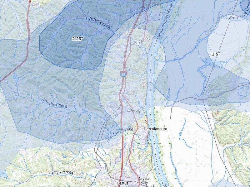NEXRAD radar-signature map of the hail storm over Pevely, MO on Apr 27, 2026