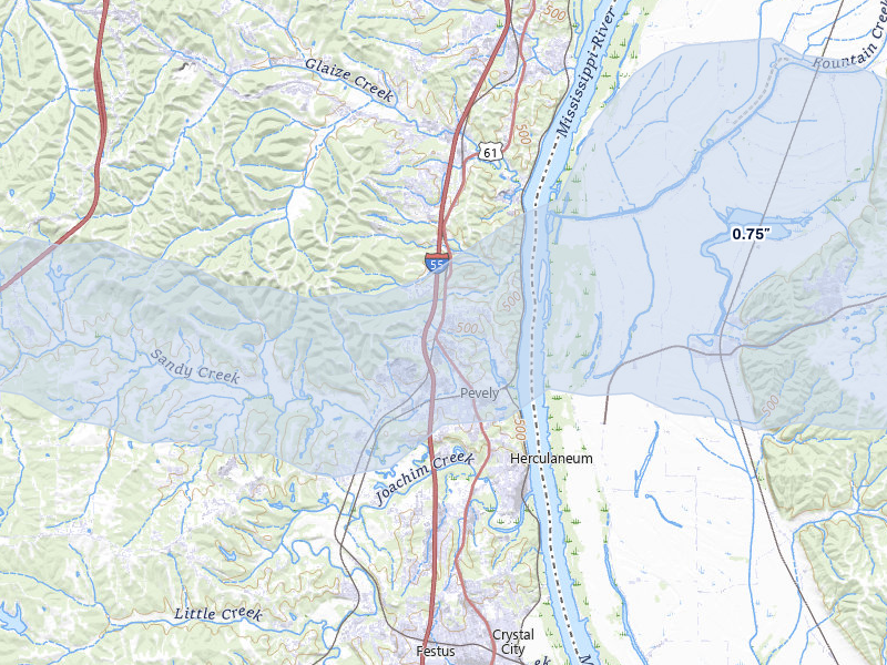 NEXRAD radar-signature map of the hail storm over Pevely, MO on May 4, 2026
