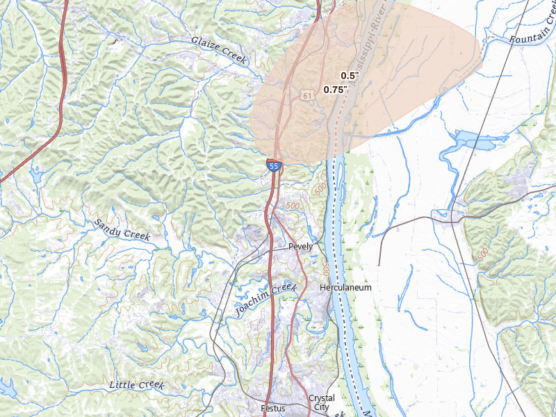 Radar-estimated hail-size map of the storm over Pevely, MO on Jul 4, 2026