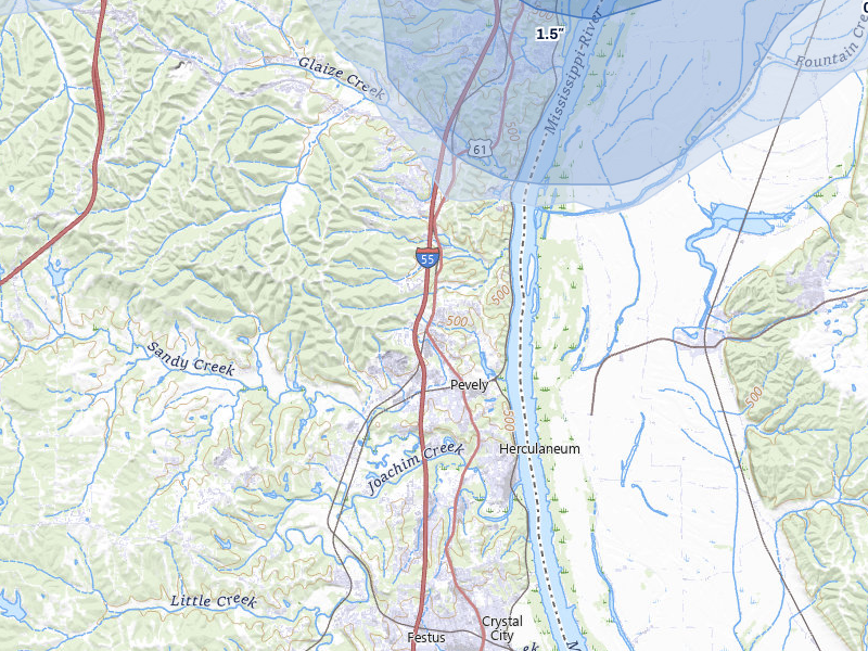 NEXRAD radar-signature map of the hail storm over Pevely, MO on Jul 4, 2026