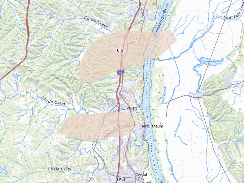 Radar-estimated hail-size map of the storm over Pevely, MO on Jul 10, 2026