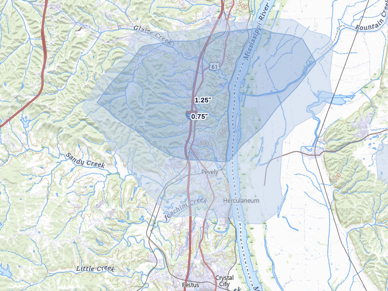NEXRAD radar-signature map of the hail storm over Pevely, MO on Jul 10, 2026