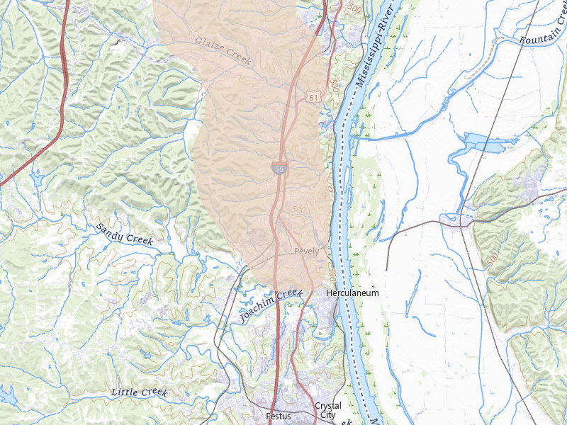 Radar-estimated hail-size map of the storm over Pevely, MO on Jul 27, 2026