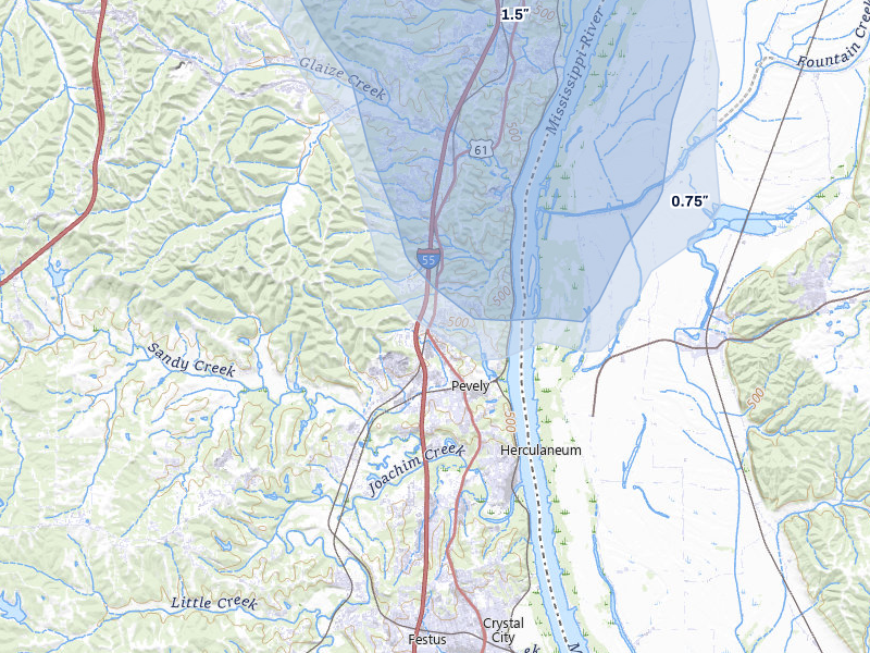 NEXRAD radar-signature map of the hail storm over Pevely, MO on Jul 27, 2026