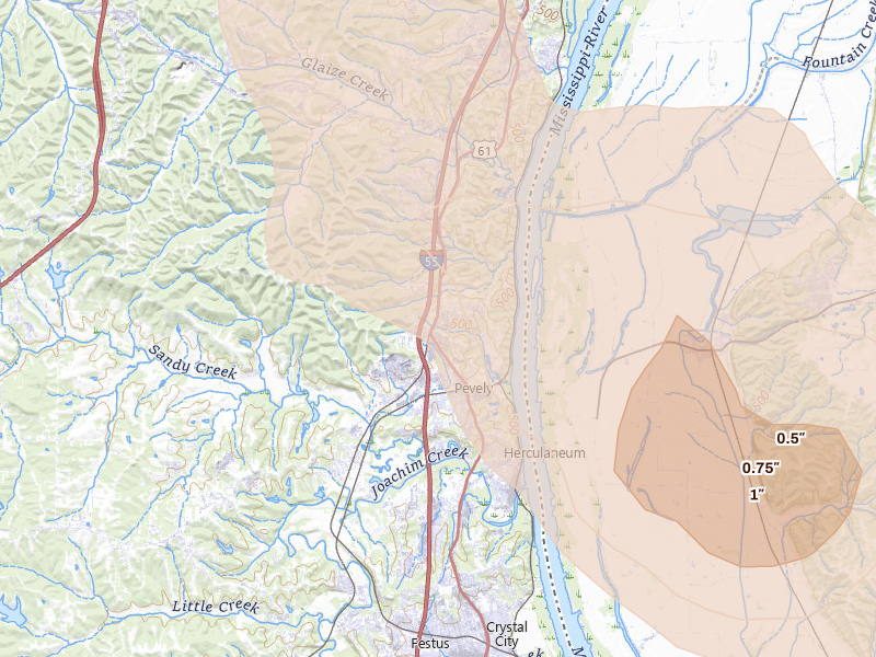 Radar-estimated hail-size map of the storm over Pevely, MO on Aug 16, 2026