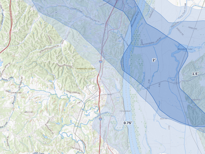 NEXRAD radar-signature map of the hail storm over Pevely, MO on Aug 16, 2026