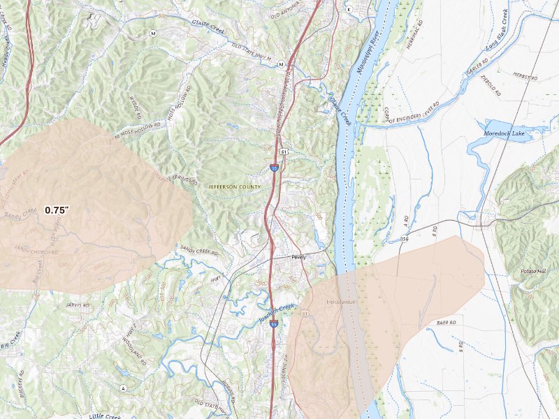 Radar-estimated hail-size map of the storm over Pevely, MO