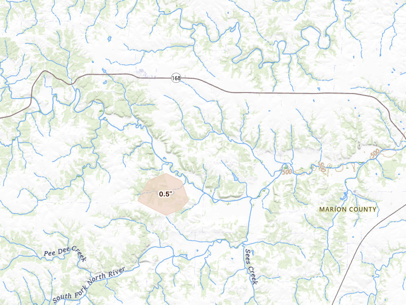 Radar-estimated hail-size map of the storm over Philadelphia, MO on May 14, 2026