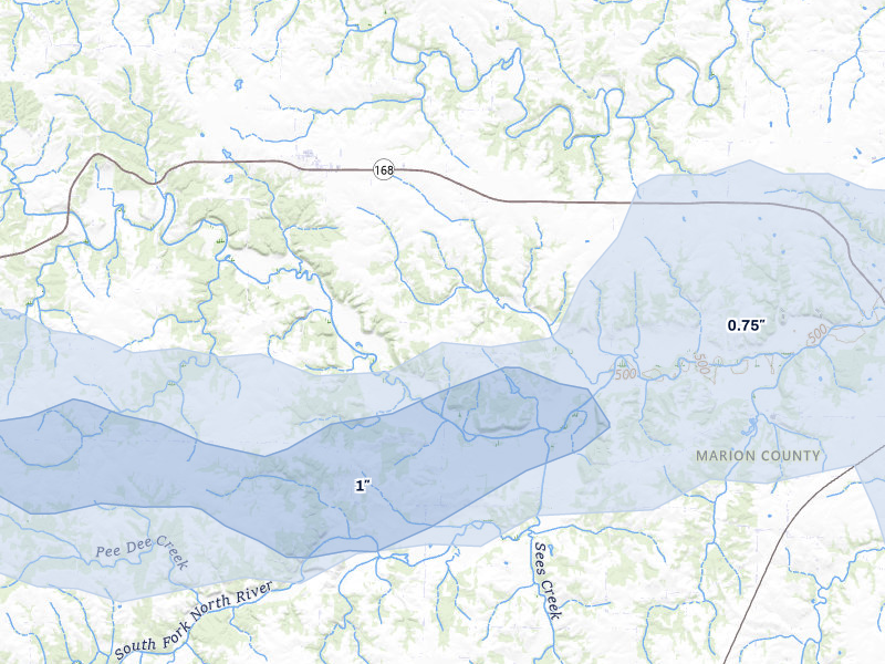 NEXRAD radar-signature map of the hail storm over Philadelphia, MO on May 14, 2026