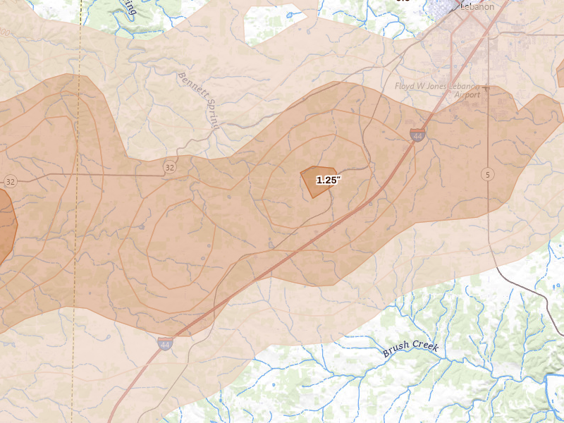 Radar-estimated hail-size map of the storm over Phillipsburg, MO on Apr 26, 2026