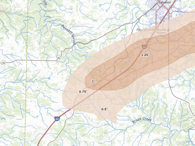 Radar-estimated hail-size map of the storm over Phillipsburg, MO on Apr 27, 2026