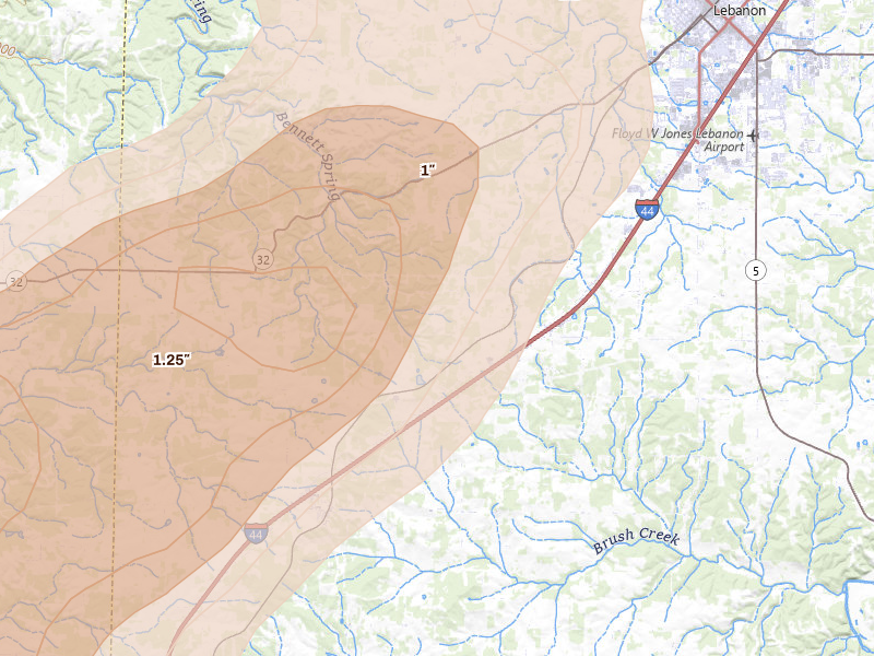 Radar-estimated hail-size map of the storm over Phillipsburg, MO on Apr 28, 2026