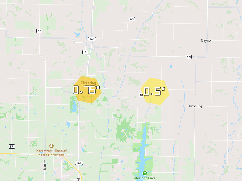 Hail map of Pickering, MO on Jun 6, 2026, hail up to 0.75"