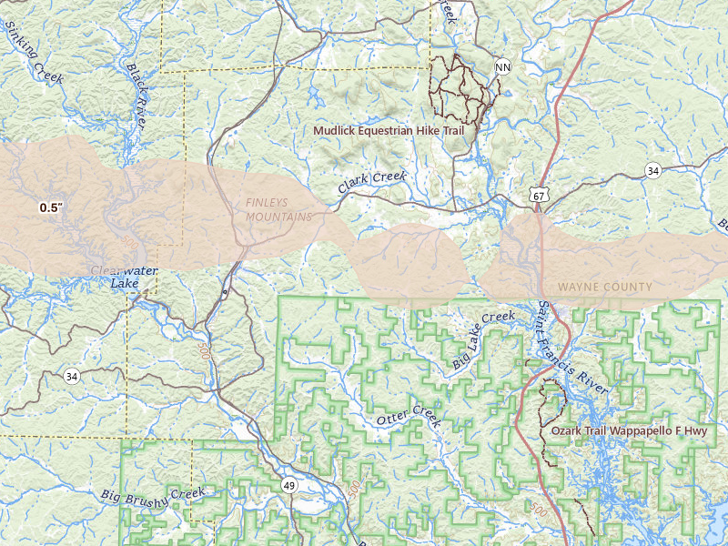 Radar-estimated hail-size map of the storm over Piedmont, MO on Apr 27, 2026